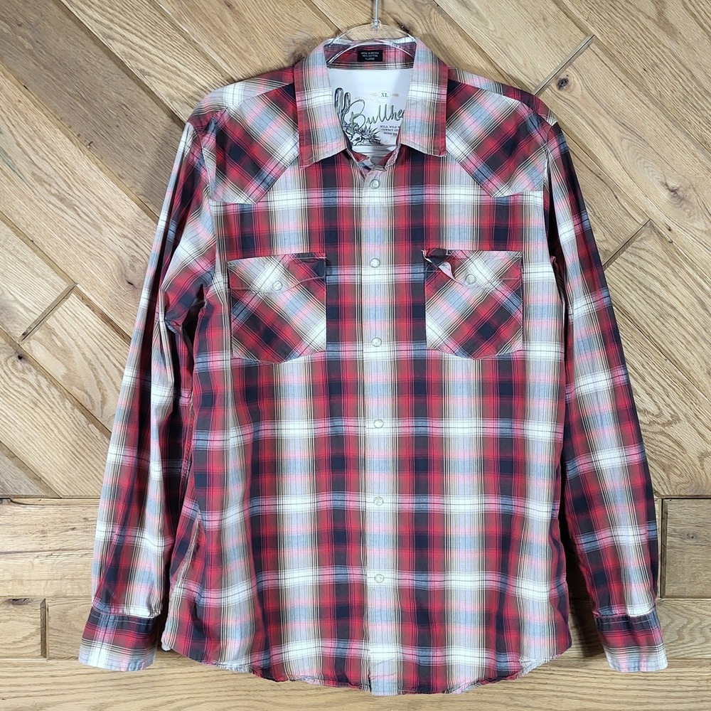 Bullhead Western Cowboy Shirt Men XL Pearl Snap Plaid Long Sleeve Red Brown READ